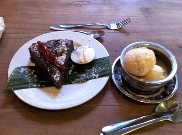 Chocolate cake with chilli and cream + cardamon ice-cream
