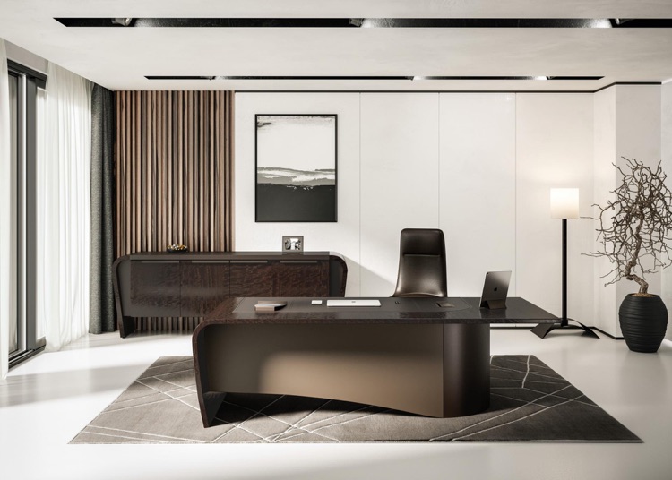 MITHOS High quality executive desks in real wood and leather. Select rectangular or L- shaped desks