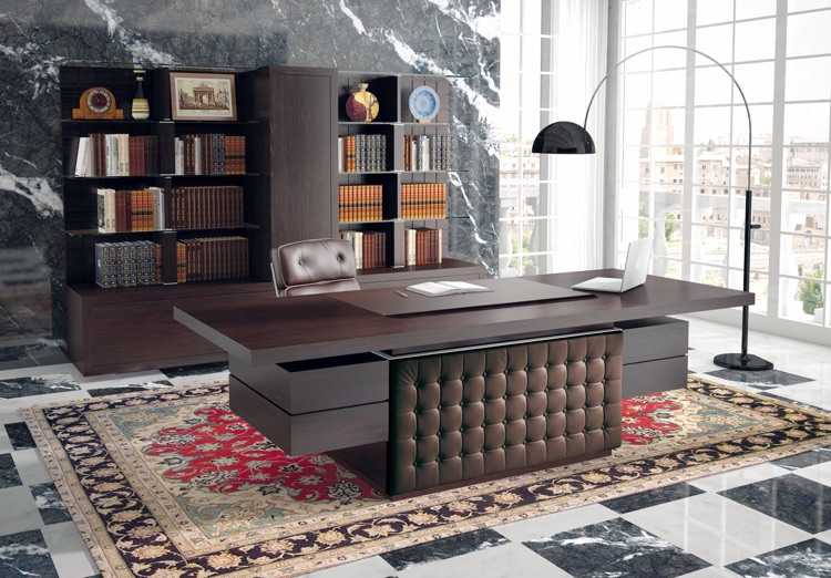 High - End Large Executive office desks with drawers and leather inlaid tops and modesty panels.
