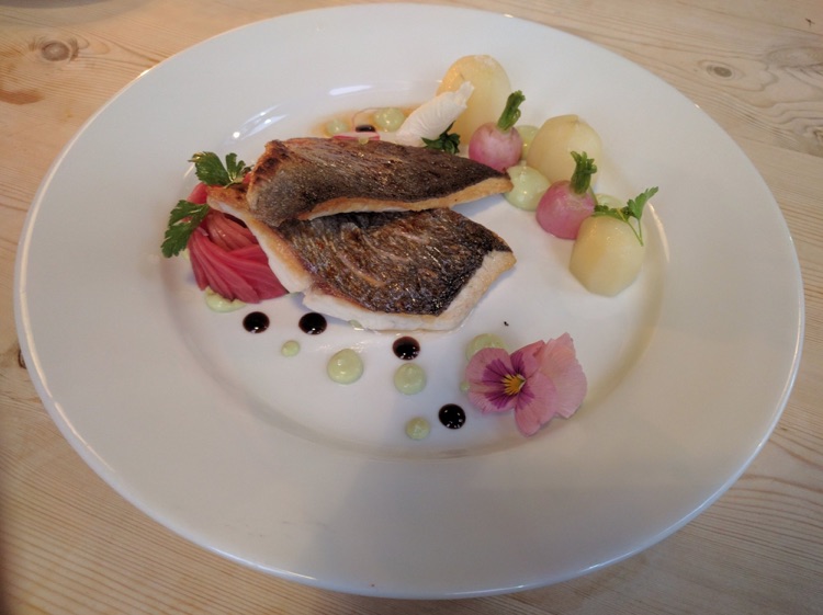 Sea bream with Jersey Royal, glazed radish and avocado muosse