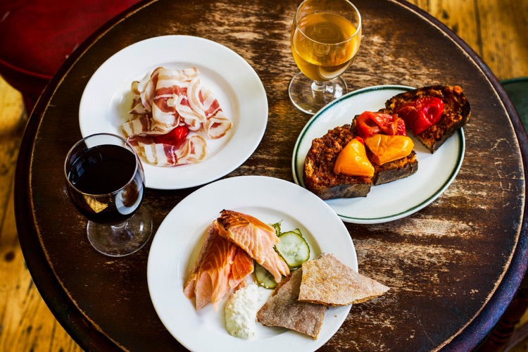 House smoked salmon, pork fat and peppers on toast, Berkshire pork belly