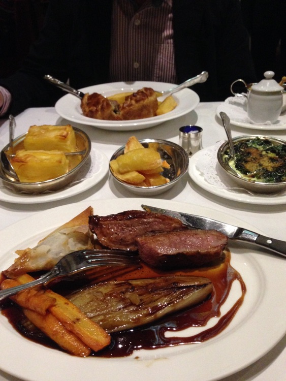 My main: steak and kidney pie, the wife's: duck.