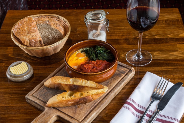 Baked Eggs with Merguez Sausages with Tomato sauce and Spinach