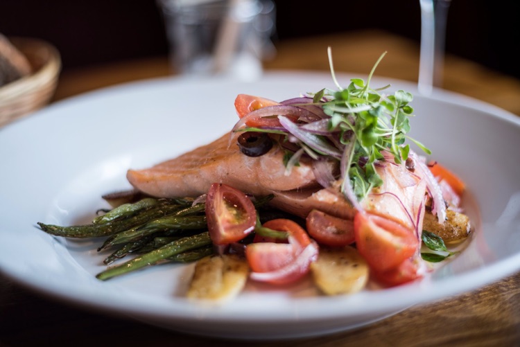 Supreme of Salmon - Steamed with Green beans & New potatoes, tomato, red onion & olive salsa.