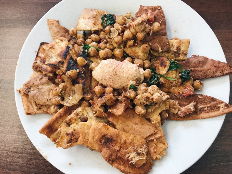 Fattet: fried flatbread, chickpeas, spinach, topped with hummus