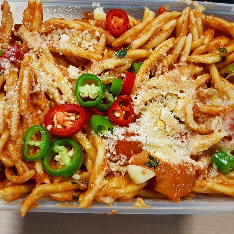 Takeaway arrabiata pasta from cafe 49