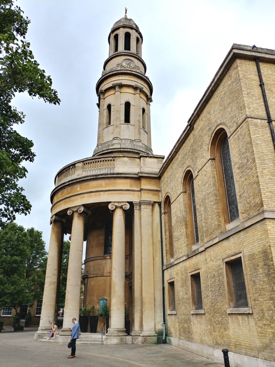 St Mary's stone portico & tower - Wyndham Place London (19/Jun/18).