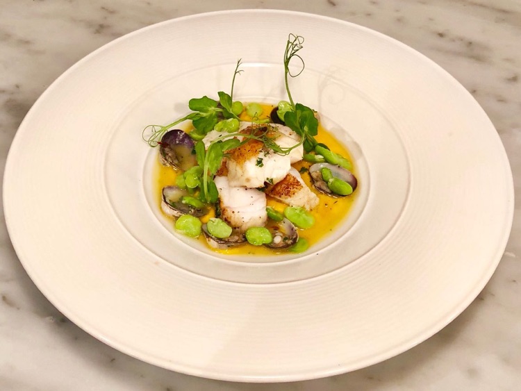 Monkfish grilled and served with pea shoots on a carrot sauce