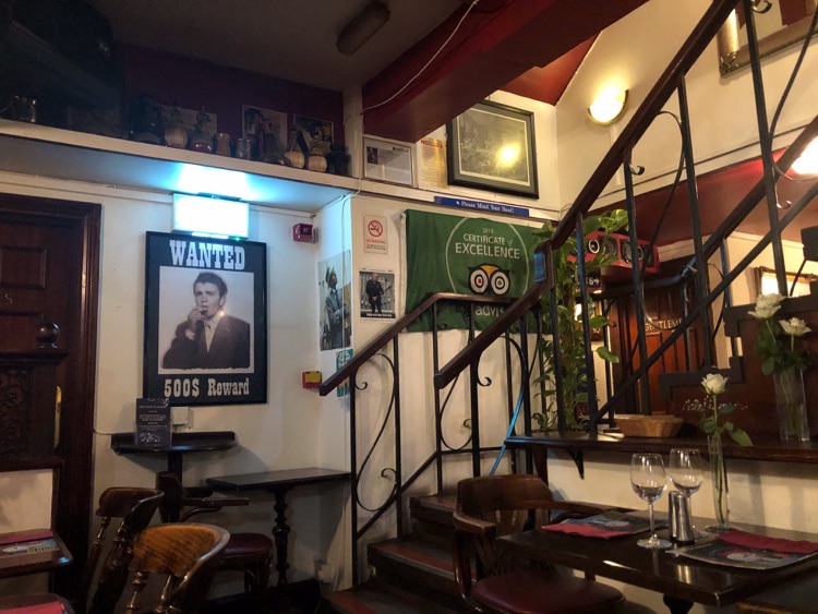 Steps down into restaurant from entrance