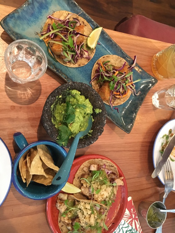 Guacamole. Baja Fish tacos.