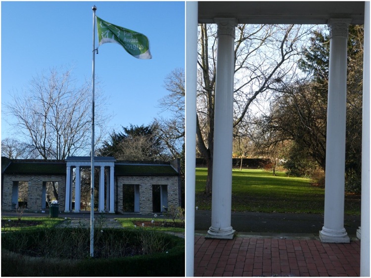 Ruskin Park, Denmark Hill, South London: the portico and small rose garden