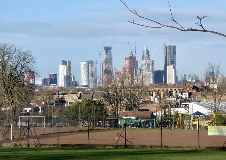 Ruskin Park, Denmark Hill, South London: city skyline from the park