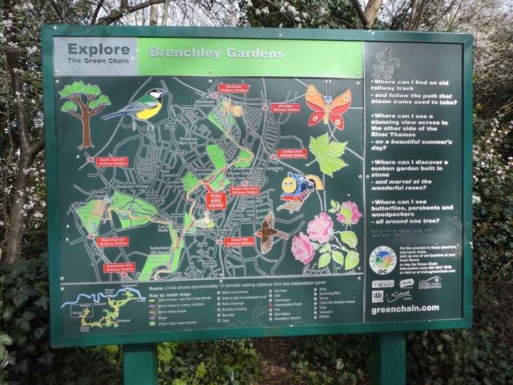 Brenchley Garden, Honor Oak, South London: information board at he entrance on Forest Hill Road