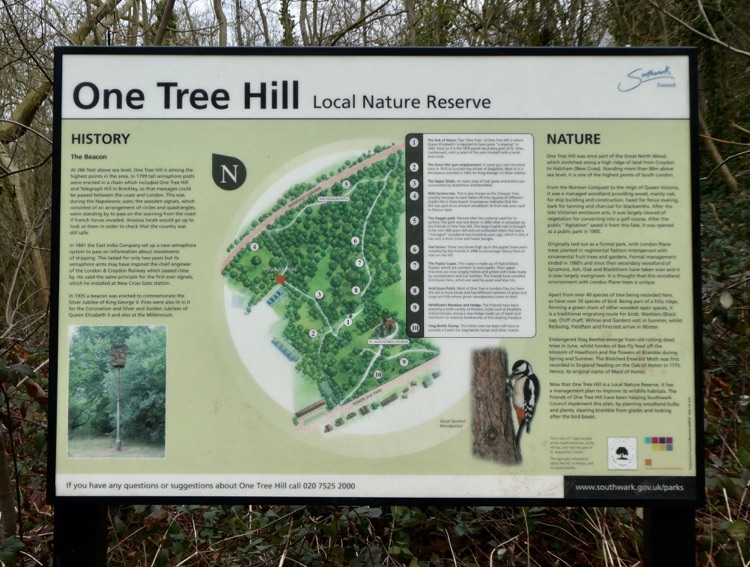 One Tree Hill Local Nature Reserve, Honor Oak, South London: information board
