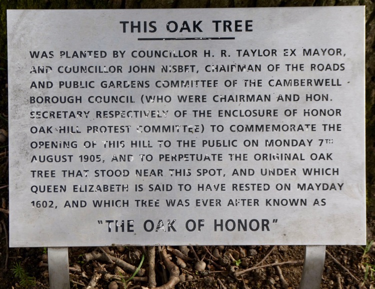 One Tree Hill Local Nature Reserve, Honor Oak, South London: the information board at the Oak of