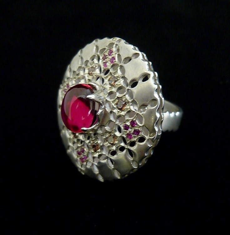 Chantilly cocktail ring in sterling silver and semi precious stones. This is handcrafted and not laser cut.