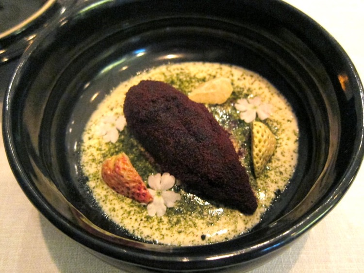 The eggplant in the bitter-sweet cacao powder, plain yoghurt, freeze dried wild strawberries, marjoram